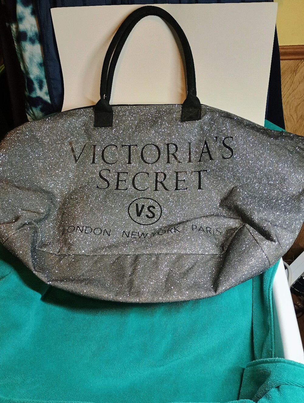 Victoria's Secret Silver Glitter Tote with Black Handles